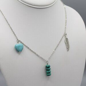 Jewelry necklace heart love feather turquoise boho delicate new silver tone